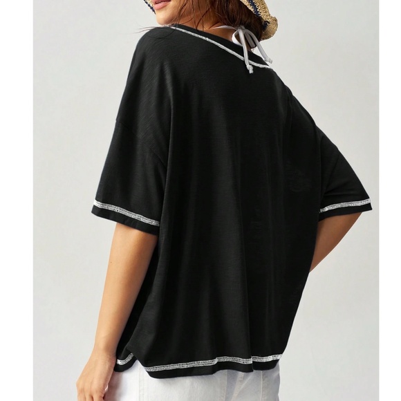 Solid Reverse Stitch V neck Oversized Tee top - Picture 6 of 7